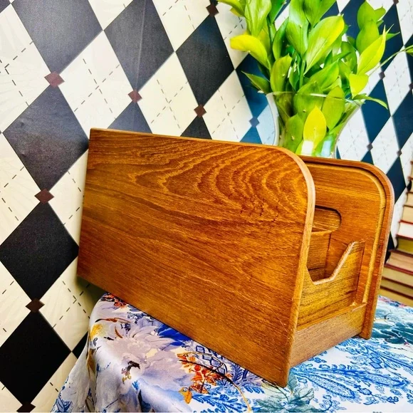 Teak Tambour Door Vintage Desktop Organizer| Recipe Card or Letter Holder - Picture 5 of 17